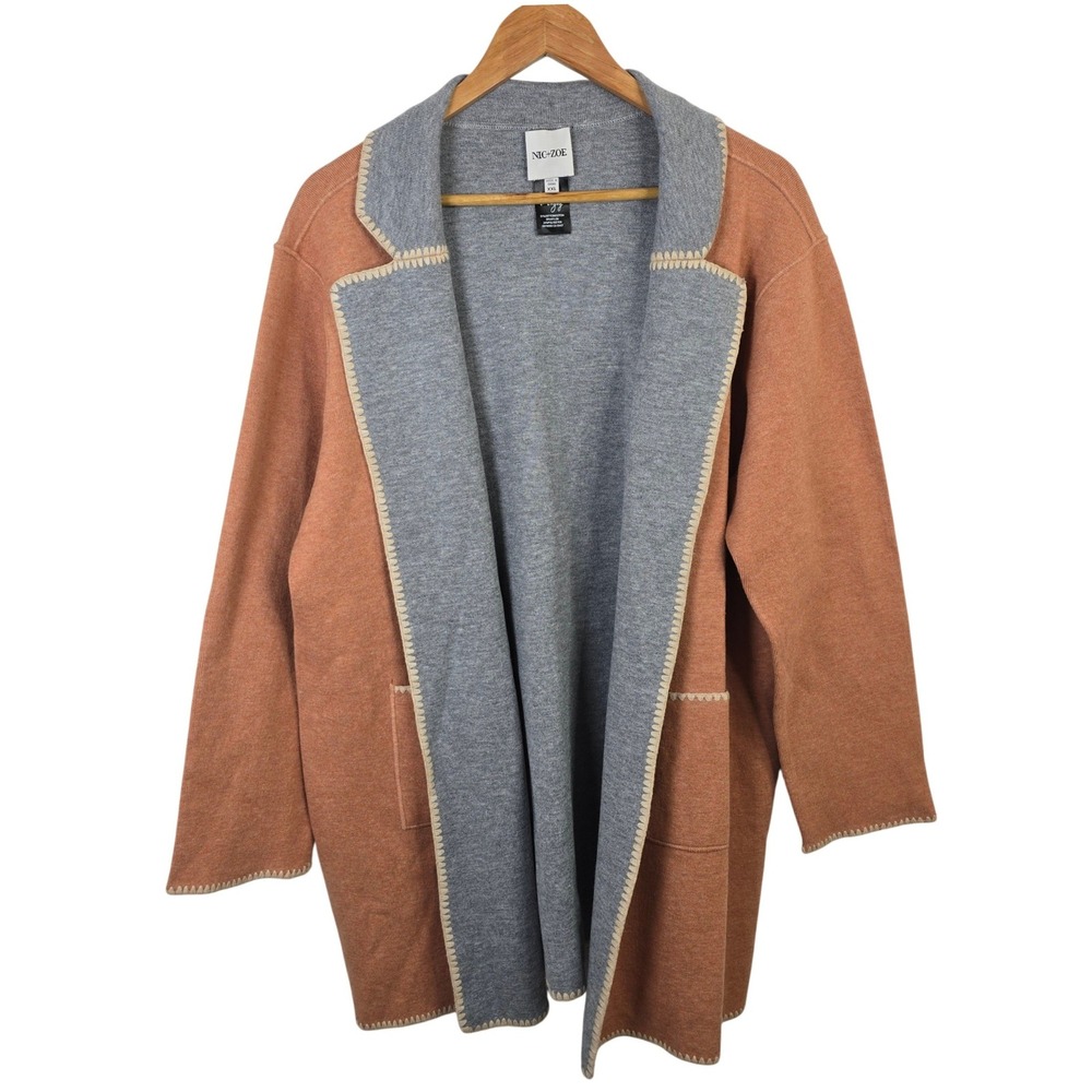 NIC+ZOE Women XXL Terracotta Orange Gray Blanket Stitch Open Front Cardigan Coat